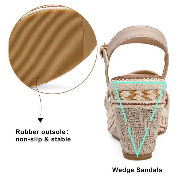 Espadrille Wedge Platform Sandals Sz 9 41 Cream Faux Leather Buckle Ankle Strap - Picture 14 of 16